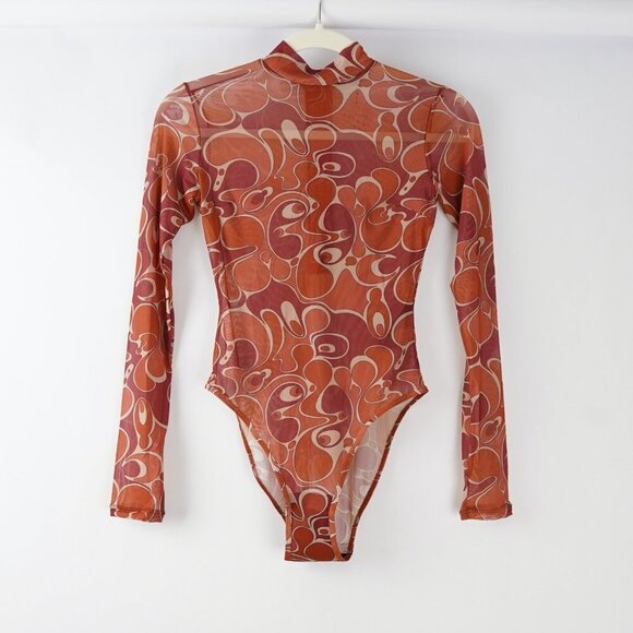 Andrea Iyamah Elle Mesh Caro Print Leotard Bodysuit - Size XS - NWT - Picture 1 of 7